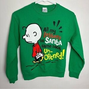Vintage Peanuts Sweatshirt Youth Size Medium Santa Charlie Brown Christmas Green